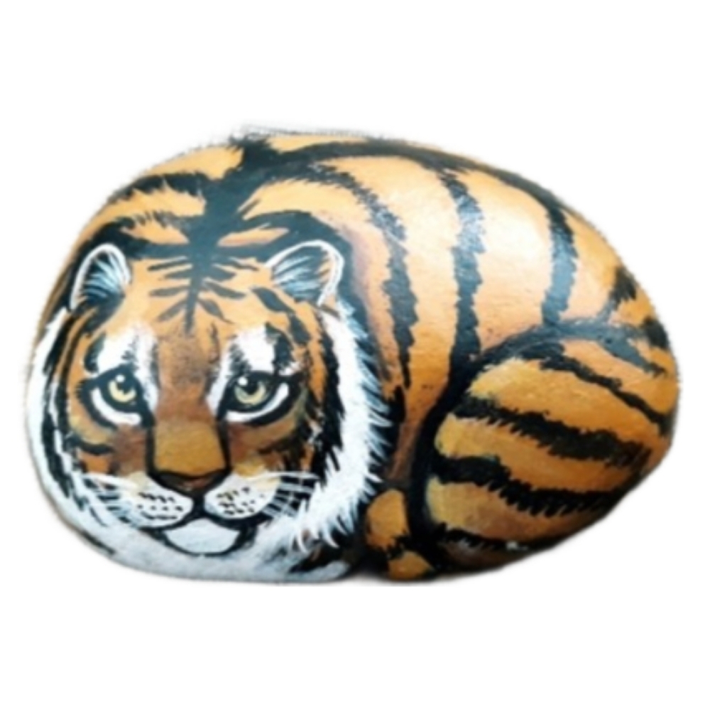 Hand Painted Tiger on Rock Signed by Artist / 3" Decorated Rock Art